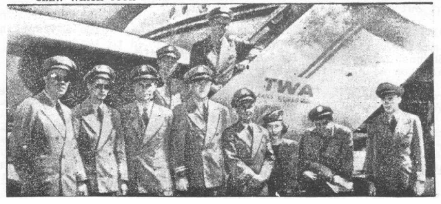 The Captain and crew of TWA flight 917 taken upon landing in Paris. Photographed are Arbuthnot, Cole, Sawyer, Cutler, Williams, Lowery, Halbert, Jones, Nightwine and Burke (reproduced in Tarpa Tales, 1984)  